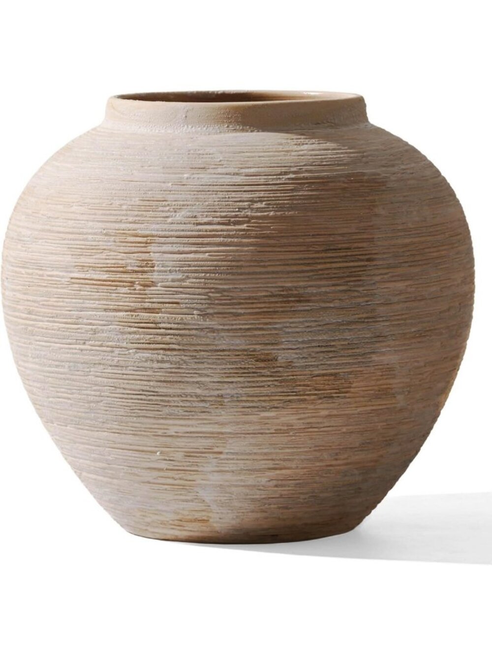 Large Ribbed Beige Rustic Ceramic Vase - Vintage Farmhouse Decor Accent